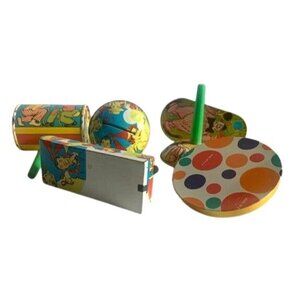 Vintage Metal Tin Lithograph Noise Makers Set USA Colorful Designs